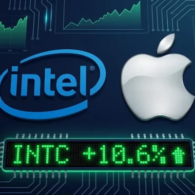 Intel logo and Apple logo side by side on a dark navy circuit board background with INTC stock ticker showing 10.6 percent gain