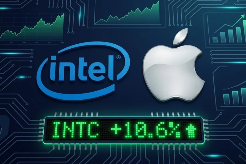 Intel logo and Apple logo side by side on a dark navy circuit board background with INTC stock ticker showing 10.6 percent gain