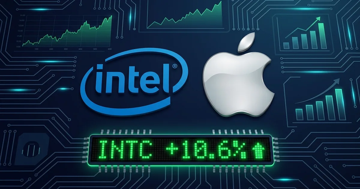 Intel logo and Apple logo side by side on a dark navy circuit board background with INTC stock ticker showing 10.6 percent gain
