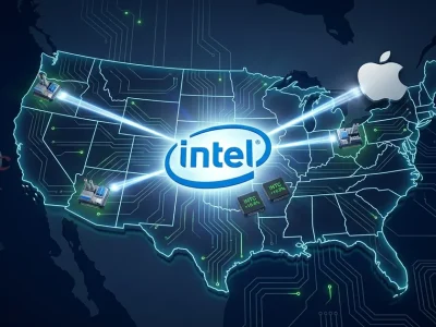 Map of United States with Intel and Apple logos connected by light beams representing chip manufacturing partnership