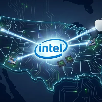 Map of United States with Intel and Apple logos connected by light beams representing chip manufacturing partnership