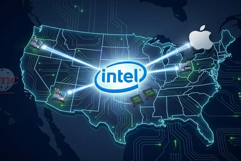 Map of United States with Intel and Apple logos connected by light beams representing chip manufacturing partnership