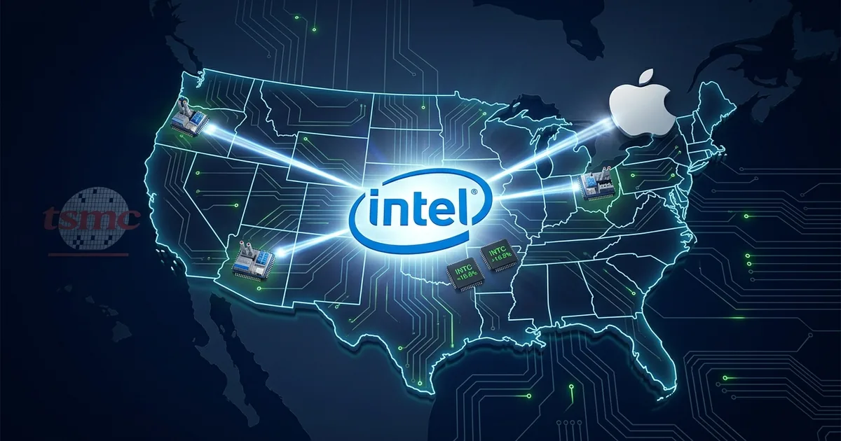Map of United States with Intel and Apple logos connected by light beams representing chip manufacturing partnership