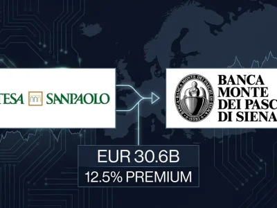 Dashboard composite showing Intesa Sanpaolo and Monte dei Paschi di Siena logos with European banking data