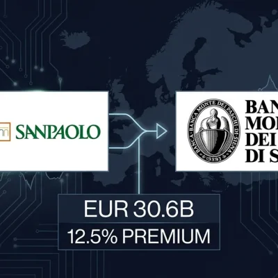 Dashboard composite showing Intesa Sanpaolo and Monte dei Paschi di Siena logos with European banking data