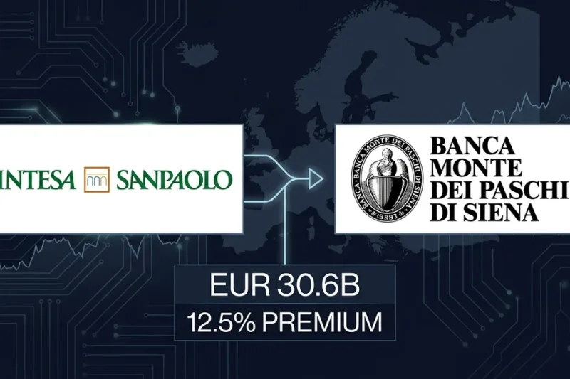 Dashboard composite showing Intesa Sanpaolo and Monte dei Paschi di Siena logos with European banking data