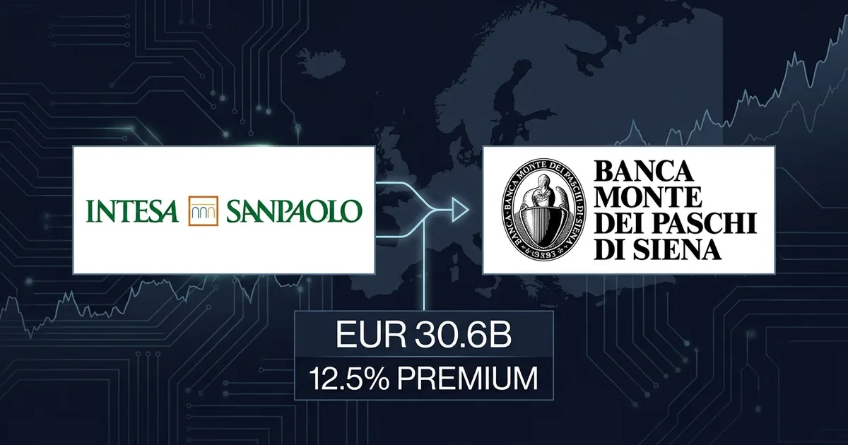 Dashboard composite showing Intesa Sanpaolo and Monte dei Paschi di Siena logos with European banking data