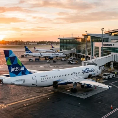 JetBlue aircraft parked at gate at Fort Lauderdale-Hollywood International Airport at sunset with palm trees
