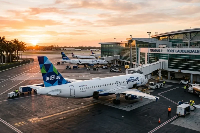 JetBlue aircraft parked at gate at Fort Lauderdale-Hollywood International Airport at sunset with palm trees