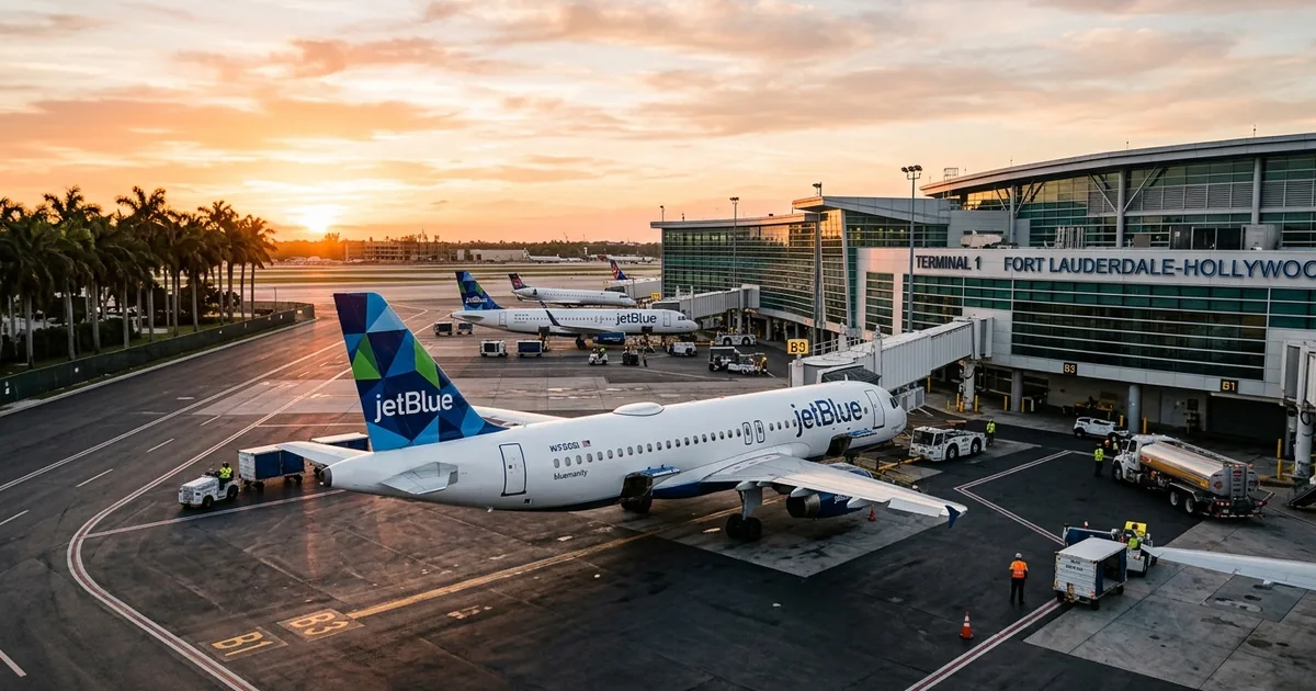 JetBlue aircraft parked at gate at Fort Lauderdale-Hollywood International Airport at sunset with palm trees