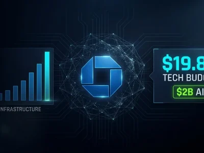 JPMorgan Chase logo with AI infrastructure bar chart and 19.8 billion dollar tech budget data panel on dark navy background