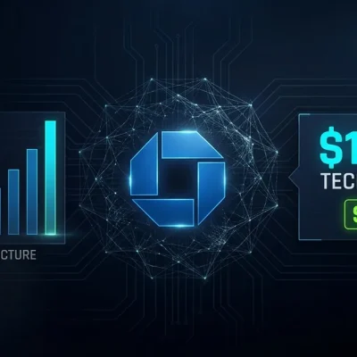 JPMorgan Chase logo with AI infrastructure bar chart and 19.8 billion dollar tech budget data panel on dark navy background