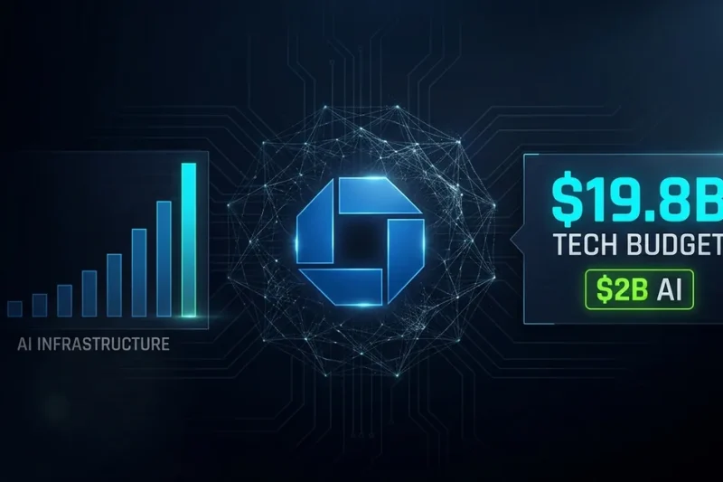 JPMorgan Chase logo with AI infrastructure bar chart and 19.8 billion dollar tech budget data panel on dark navy background