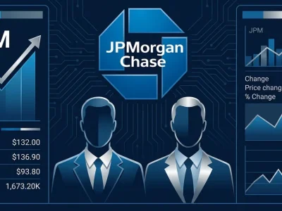 JPMorgan Chase logo with two executive silhouettes and JPM stock data panels on dark navy dashboard background