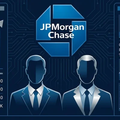 JPMorgan Chase logo with two executive silhouettes and JPM stock data panels on dark navy dashboard background