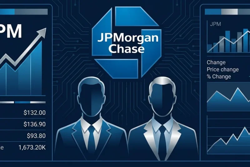 JPMorgan Chase logo with two executive silhouettes and JPM stock data panels on dark navy dashboard background