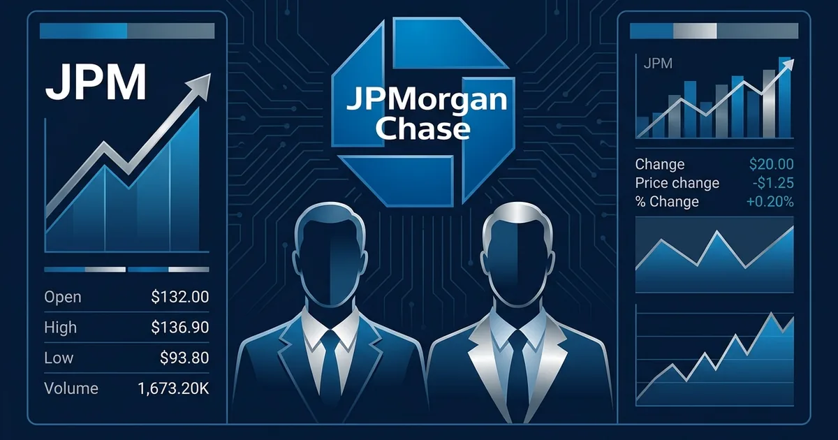 JPMorgan Chase logo with two executive silhouettes and JPM stock data panels on dark navy dashboard background