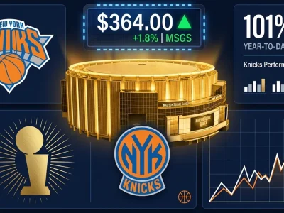 New York Knicks logo with Madison Square Garden arena, MSGS stock ticker at 364 dollars, and 101 percent year-to-date return chart