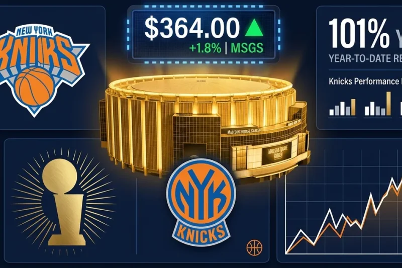 New York Knicks logo with Madison Square Garden arena, MSGS stock ticker at 364 dollars, and 101 percent year-to-date return chart