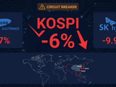 KOSPI index down 6 percent with circuit breaker alert, Samsung Electronics down 7 percent, SK Hynix down 9.9 percent, world map showing contagion across Seoul Tokyo Taipei