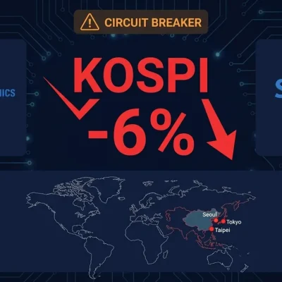 KOSPI index down 6 percent with circuit breaker alert, Samsung Electronics down 7 percent, SK Hynix down 9.9 percent, world map showing contagion across Seoul Tokyo Taipei