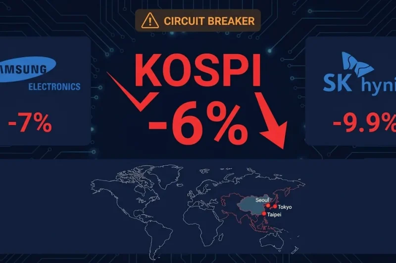 KOSPI index down 6 percent with circuit breaker alert, Samsung Electronics down 7 percent, SK Hynix down 9.9 percent, world map showing contagion across Seoul Tokyo Taipei