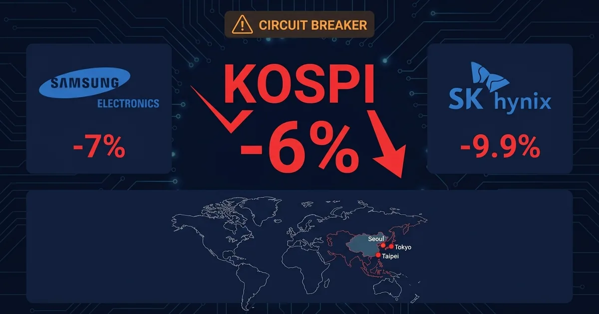 KOSPI index down 6 percent with circuit breaker alert, Samsung Electronics down 7 percent, SK Hynix down 9.9 percent, world map showing contagion across Seoul Tokyo Taipei