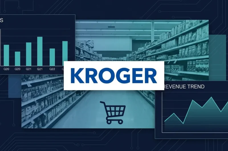 Kroger logo overlaid on grocery store aisle with EPS bar chart and revenue trend line