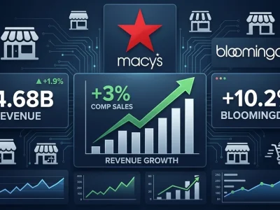 Macys red star logo with 3 percent comp sales growth chart, 4.68 billion revenue panel, Bloomingdales 10.2 percent growth indicator on dark navy dashboard