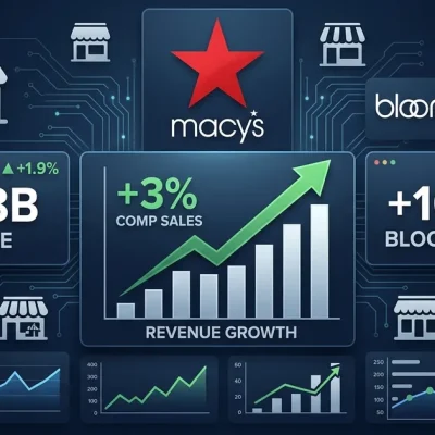 Macys red star logo with 3 percent comp sales growth chart, 4.68 billion revenue panel, Bloomingdales 10.2 percent growth indicator on dark navy dashboard
