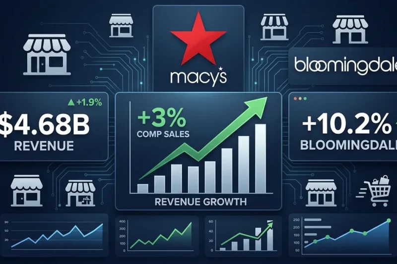 Macys red star logo with 3 percent comp sales growth chart, 4.68 billion revenue panel, Bloomingdales 10.2 percent growth indicator on dark navy dashboard