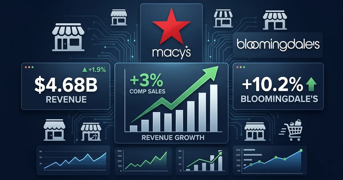 Macys red star logo with 3 percent comp sales growth chart, 4.68 billion revenue panel, Bloomingdales 10.2 percent growth indicator on dark navy dashboard