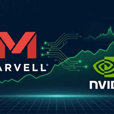 Marvell Technology and Nvidia logos with MRVL ticker chip showing 33 percent stock surge on dark blue dashboard background