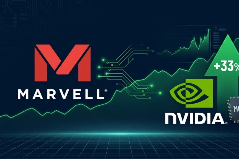 Marvell Technology and Nvidia logos with MRVL ticker chip showing 33 percent stock surge on dark blue dashboard background