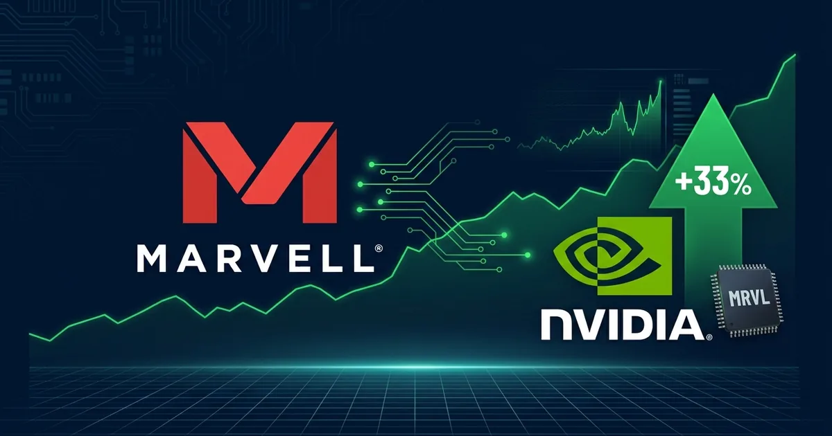 Marvell Technology and Nvidia logos with MRVL ticker chip showing 33 percent stock surge on dark blue dashboard background