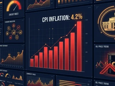 Financial dashboard displaying CPI inflation at 4.2 percent with rising bar chart, Federal Reserve building, and oil barrel price trend