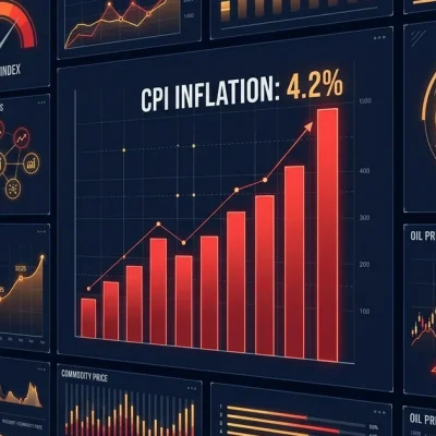 Financial dashboard displaying CPI inflation at 4.2 percent with rising bar chart, Federal Reserve building, and oil barrel price trend