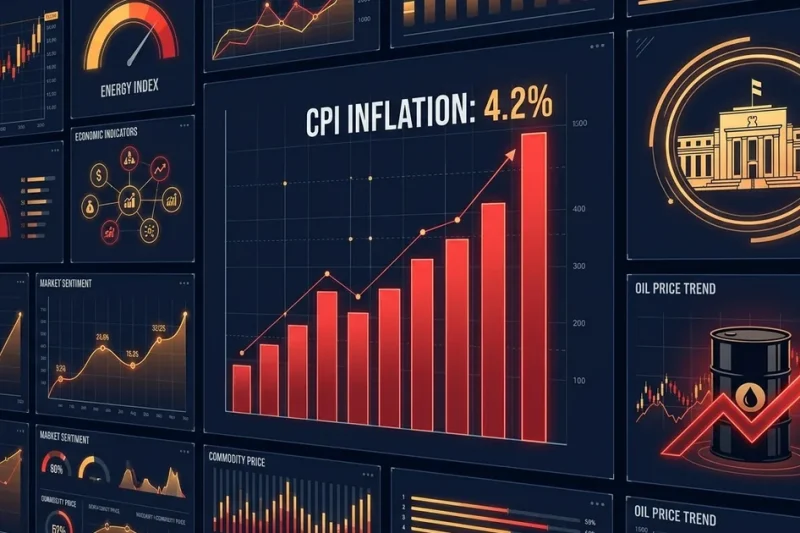 Financial dashboard displaying CPI inflation at 4.2 percent with rising bar chart, Federal Reserve building, and oil barrel price trend