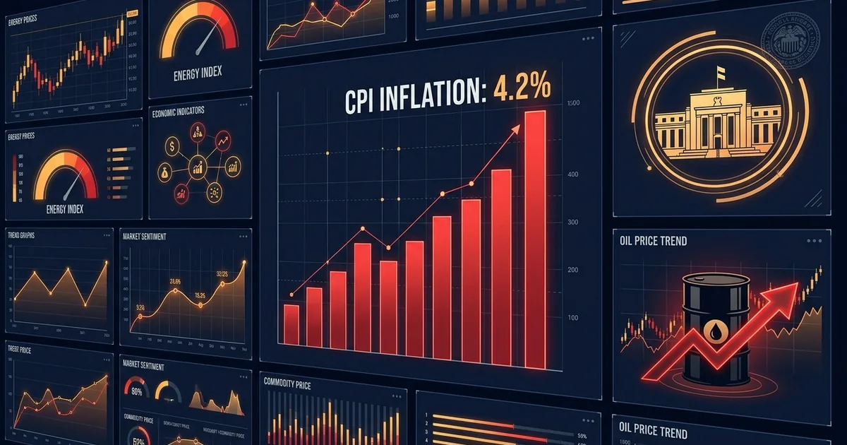 Financial dashboard displaying CPI inflation at 4.2 percent with rising bar chart, Federal Reserve building, and oil barrel price trend