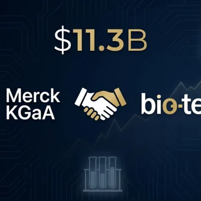 Merck KGaA and Bio-Techne logos with handshake icon showing 11.3 billion dollar deal on dark background with laboratory equipment silhouettes