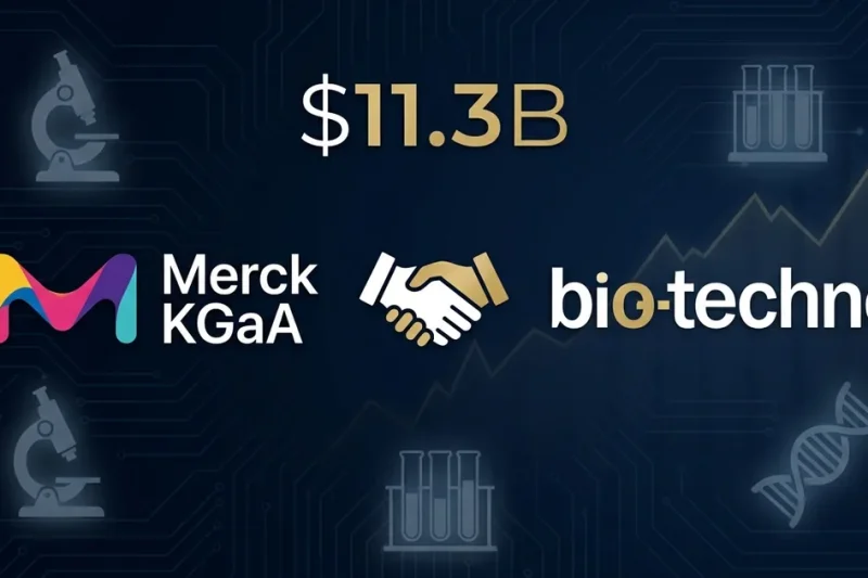 Merck KGaA and Bio-Techne logos with handshake icon showing 11.3 billion dollar deal on dark background with laboratory equipment silhouettes