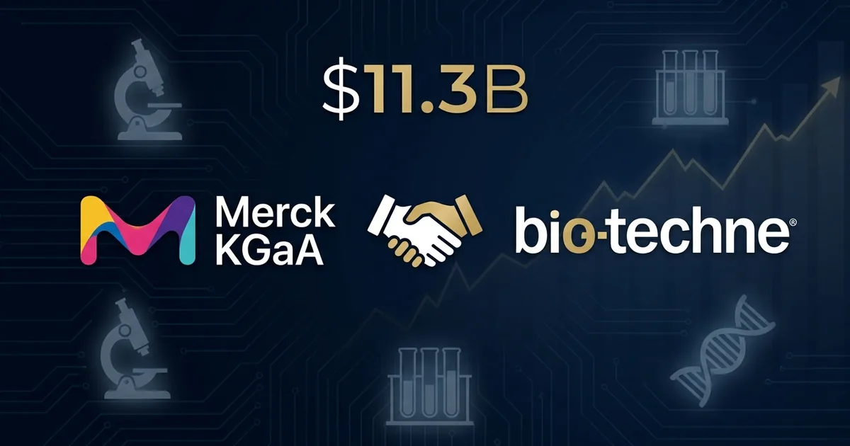 Merck KGaA and Bio-Techne logos with handshake icon showing 11.3 billion dollar deal on dark background with laboratory equipment silhouettes