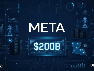Meta logo with 00B data visualization, server racks, power transmission towers, Louisiana map, Entergy and BlackRock logos on dark navy dashboard background