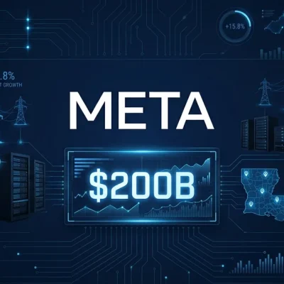 Meta logo with 00B data visualization, server racks, power transmission towers, Louisiana map, Entergy and BlackRock logos on dark navy dashboard background