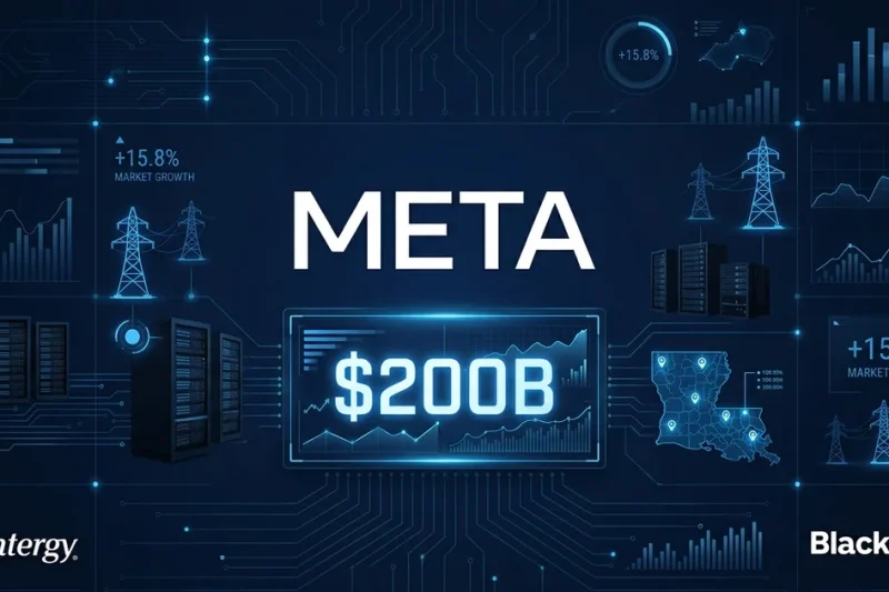Meta logo with 00B data visualization, server racks, power transmission towers, Louisiana map, Entergy and BlackRock logos on dark navy dashboard background