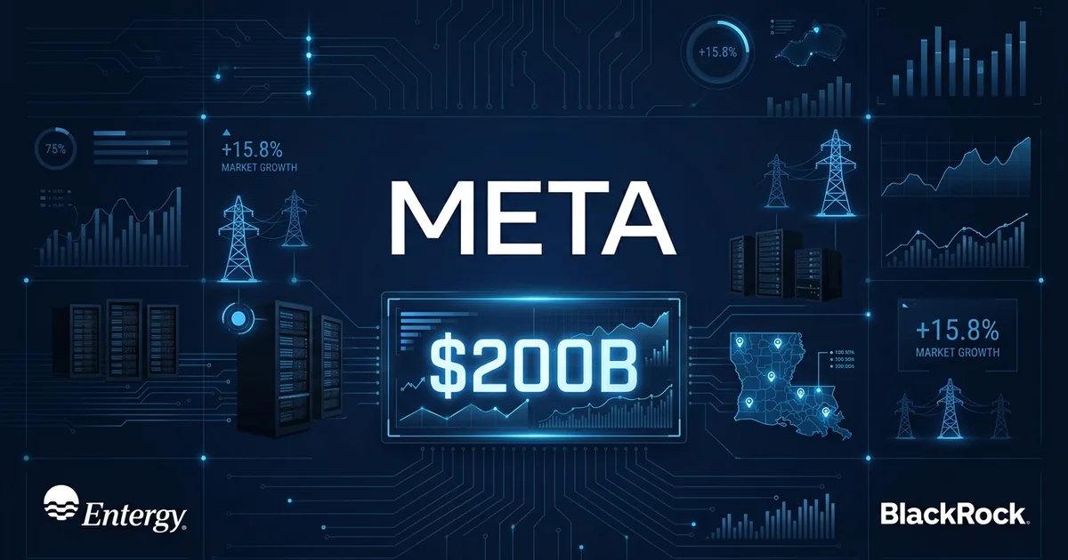 Meta logo with 00B data visualization, server racks, power transmission towers, Louisiana map, Entergy and BlackRock logos on dark navy dashboard background