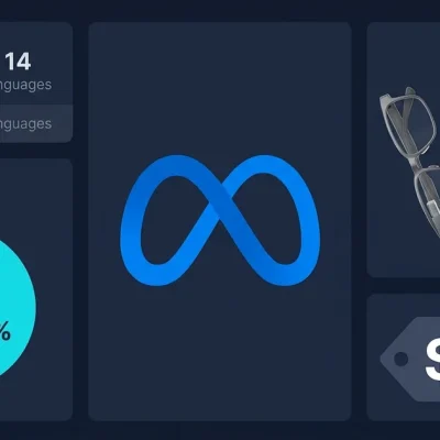 Meta logo with three smart glasses frames, 69 percent market share pie chart, 10 million unit target, and 299 dollar price tag