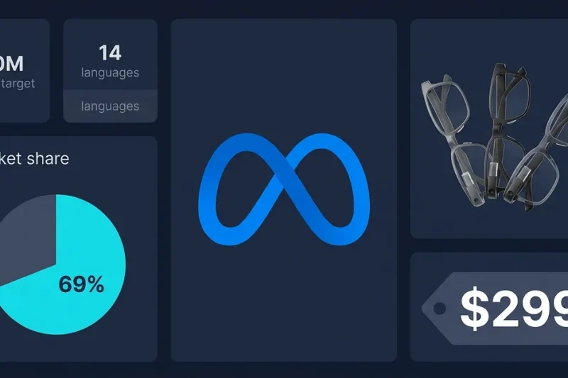 Meta logo with three smart glasses frames, 69 percent market share pie chart, 10 million unit target, and 299 dollar price tag