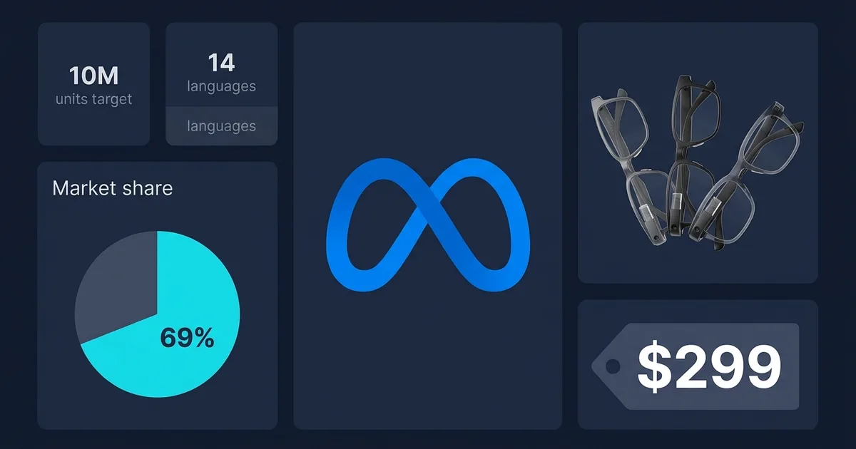Meta logo with three smart glasses frames, 69 percent market share pie chart, 10 million unit target, and 299 dollar price tag