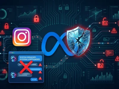 Meta infinity logo with cracked shield and Instagram camera icon surrounded by red warning locks and compromised chatbot conversation on dark navy background